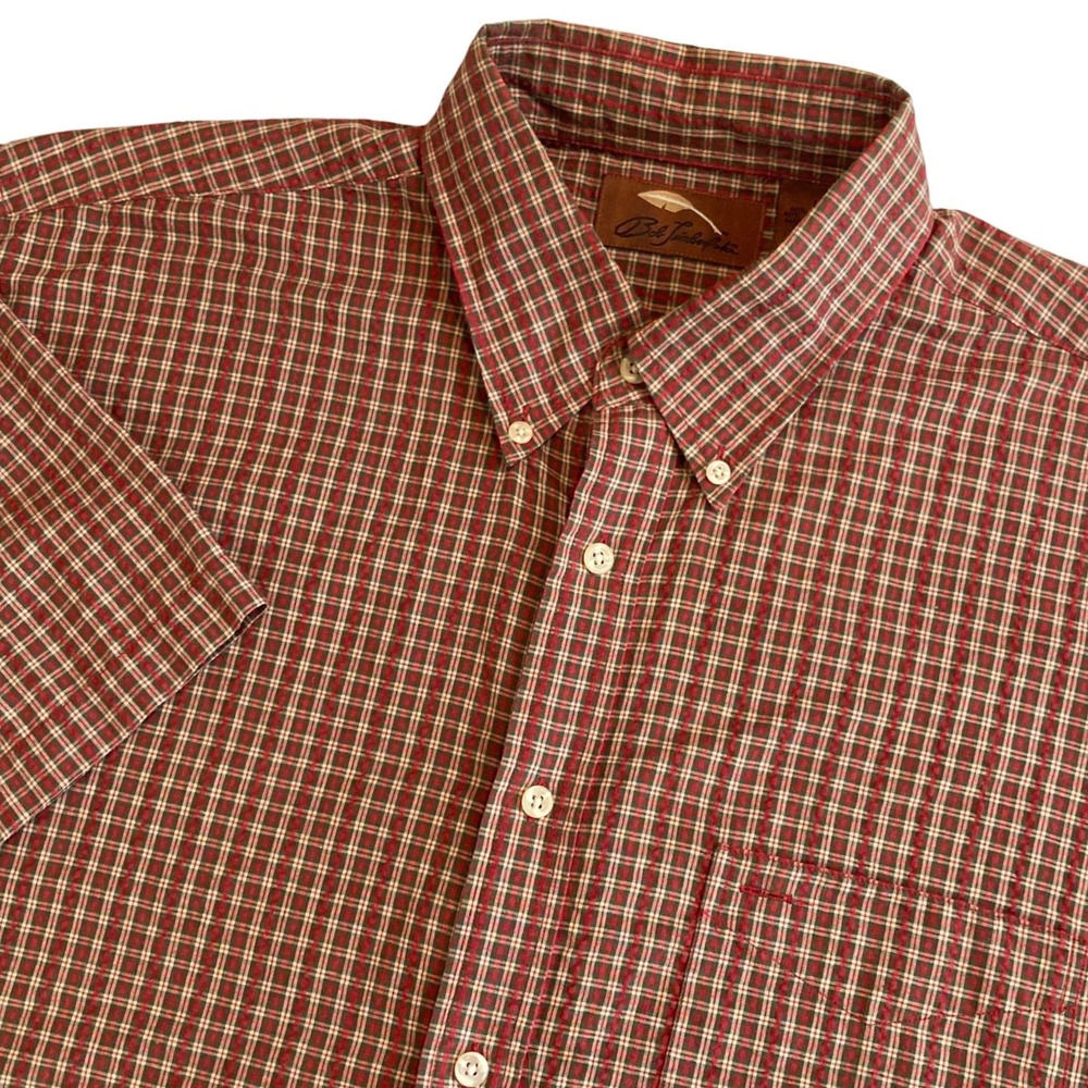 VTG Bob Timberlake Shirt Mens Large Seersucker Red Green Plaid Short Sleeve B/D